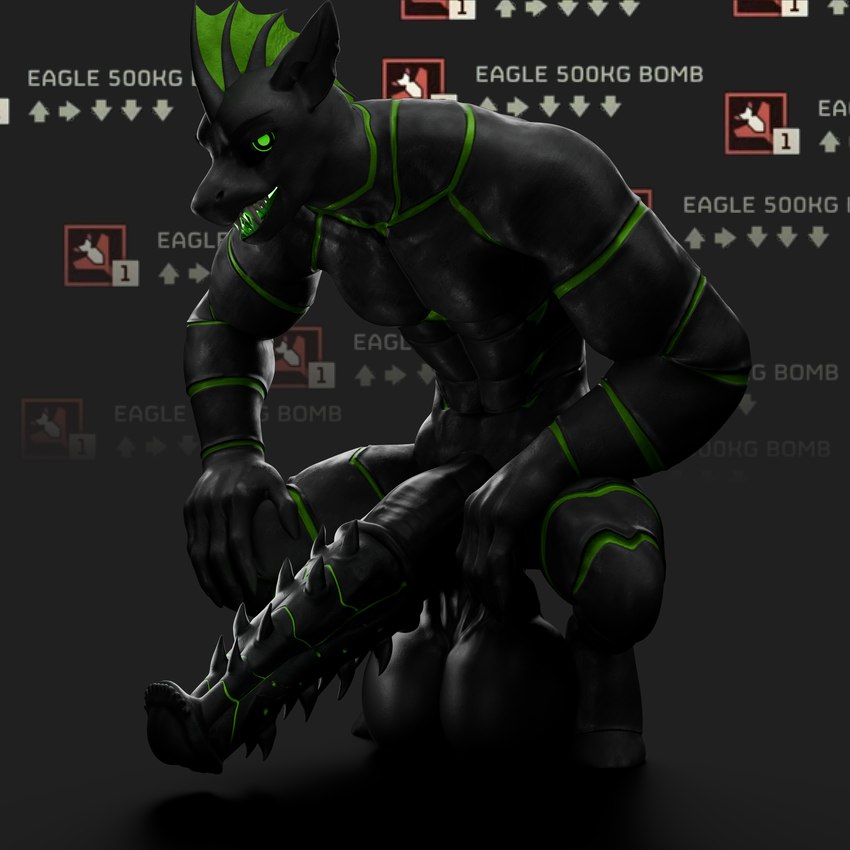 anthro balls big_balls big_penis crouching directional_arrow genitals green_markings hyper male markings penis sharp_teeth solo spiked_penis spikes spikes_(anatomy) teeth text chytin helldivers villainshima 1:1 3d_(artwork) absurd_res blender_(artwork) digital_media_(artwork) english_text hi_res