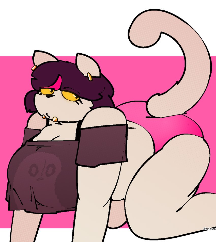 all_fours anthro big_breasts big_butt black_hair breasts butt clothed clothing ear_piercing ear_ring female hair huge_breasts looking_up overweight overweight_female piercing ring_piercing shirt solo tank_top topwear underwear yellow_sclera catjam_(artist) deltarune undertale undertale_(series) catti_(deltarune) napstablook felid feline mammal