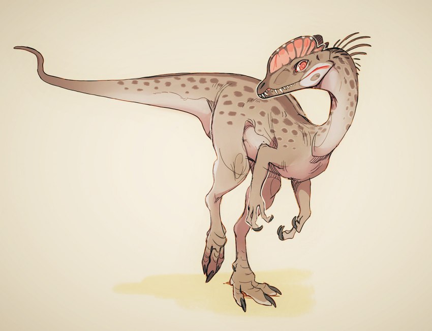 4_toes ambiguous_gender biped brown_spots claws countershading dewclaw feet feral gradient_tail grey_claws head_crest pink_eyes pink_pupils pupils quills_(anatomy) sharp_teeth simple_background solo spots tan_body teeth toes white_body white_countershading bluekiwi101 dilophosaurid dilophosaurus dinosaur prehistoric_species reptile scalie theropod full-length_portrait portrait