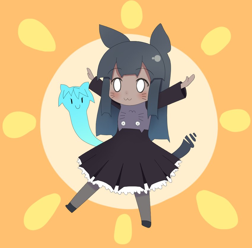 :3 black_clothing black_dress brown_body brown_skin clothing dress duo female grey_hair hair sun whiskers white_eyes young young_female young_humanoid sumiboshi futaba_channel chibinaria nekonaria animal_humanoid cat_humanoid felid felid_humanoid feline feline_humanoid flatworm humanoid mammal mammal_humanoid planarian