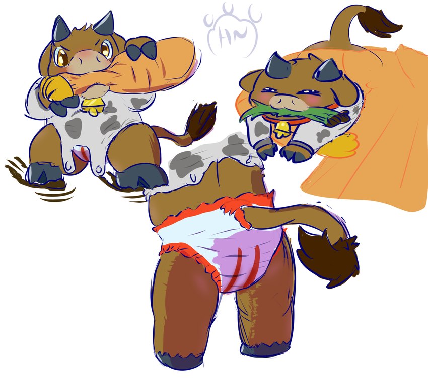 anthro baby bell clothed clothing diaper fur onesie padded padding solo tail wearing_diaper young young_anthro hangyakuneko bovid bovine cattle mammal calf_(disambiguation) hi_res