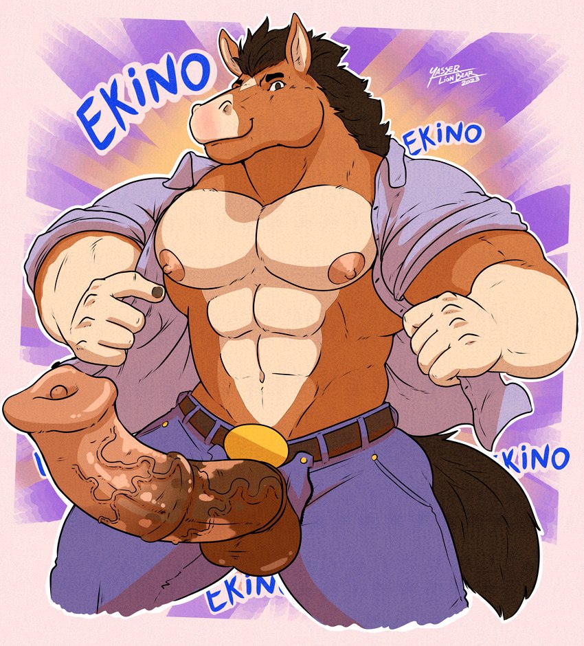 abs animal_genitalia animal_penis anthro balls biceps big_penis clothing equine_genitalia equine_penis erection genitals male nipples pecs penis pose solo vein veiny_penis yasser ekino equid equine horse humanoid mammal absurd_res hi_res