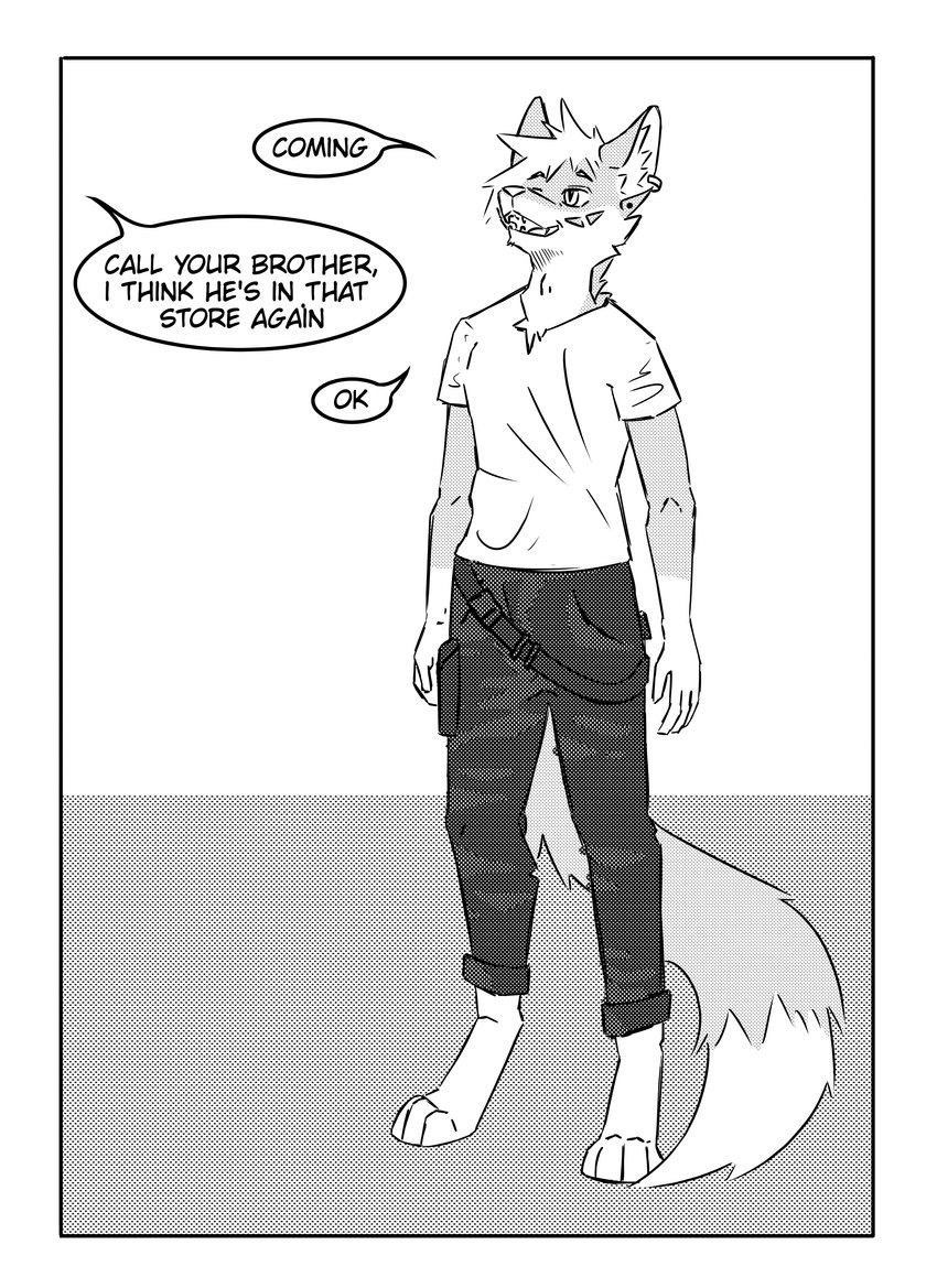 anthro barefoot border clothed clothing ear_piercing ear_ring feet looking_up male piercing ring_piercing solo speech_bubble text white_border kifyun2 kif_yppreah canid canine fox mammal absurd_res black_and_white comic english_text full-length_portrait hi_res monochrome portrait