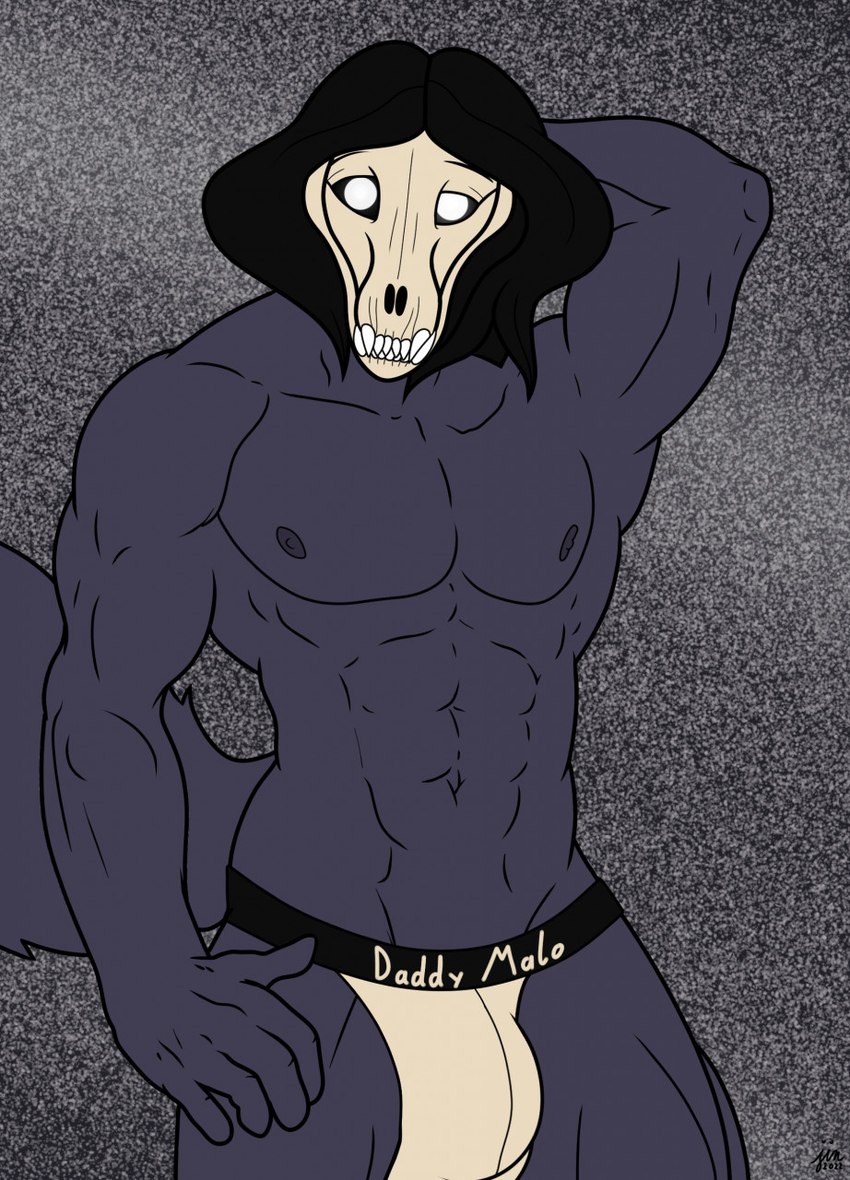 anthro black_body black_fur black_hair bone bulge clothing fur furry_tail hair male muscular muscular_male skull skull_head solo static tail teeth underwear derjinzo scp_foundation scp-1471-a humanoid hi_res