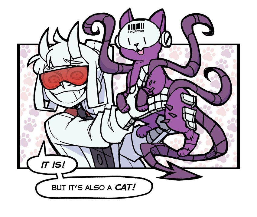 clothed clothing eyewear feral glasses horn pointed_tail safety_glasses spade_tail surgical_suture tail tentacles text vanripper helltaker loremaster_(helltaker) demon demon_humanoid domestic_cat felid feline felis humanoid hybrid mammal comic english_text