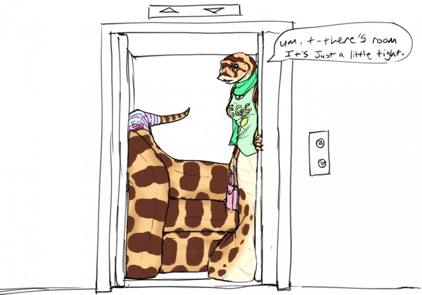 anthro apode breasts clothed clothing dialogue elevator female furgonomics legless looking_at_viewer open_door purse scarf serpentine shirt solo speech_bubble tail tail_clothing tail_warmer text topwear araelkins draconcopode hog-nosed_snake reptile scalie snake english_text