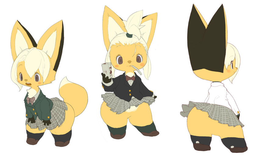 anthro blonde_hair blush bottomwear chest_tuft clothing featureless_crotch female footwear hair looking_at_viewer open_mouth rear_view school_uniform shoes short_hair simple_background skirt smile solo standing thick_thighs tuft uniform white_background yellow_body koki canid canine fox mammal 2016 hi_res