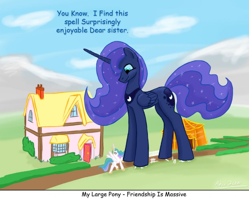 building cloud cosmic_mane duo extreme_size_difference feathered_wings feathers female fence feral grass green_eyes hedges horn house macro outside plant quadruped size_difference tail tent text wings shieltar friendship_is_magic hasbro my_little_pony mythology princess_celestia_(mlp) princess_luna_(mlp) equid equine mammal mythological_creature mythological_equine winged_unicorn 5:4 english_text sibling_(lore) sister_(lore) sisters_(lore)