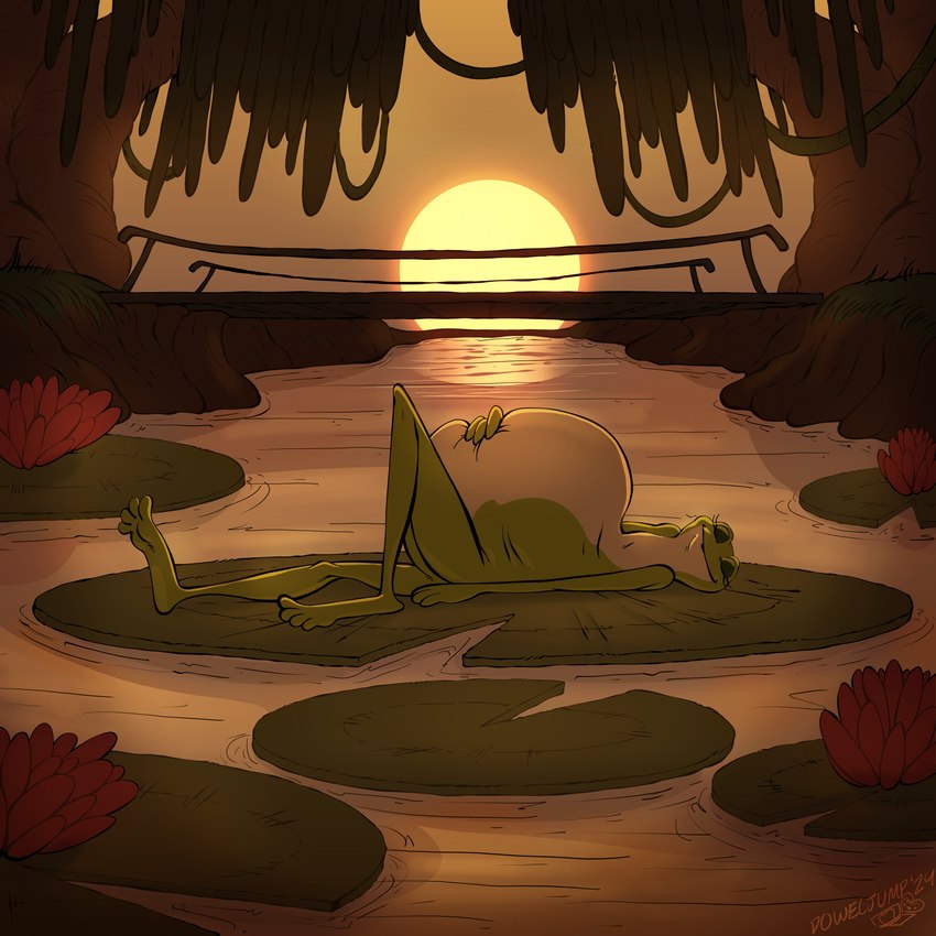 anthro anthro_pred barefoot feet female female_pred lake sleeping sleeping_pred sunset swamp doweljump disney disney_princess the_princess_and_the_frog princess_tiana amphibian frog frog_girl 1:1 absurd_res hi_res