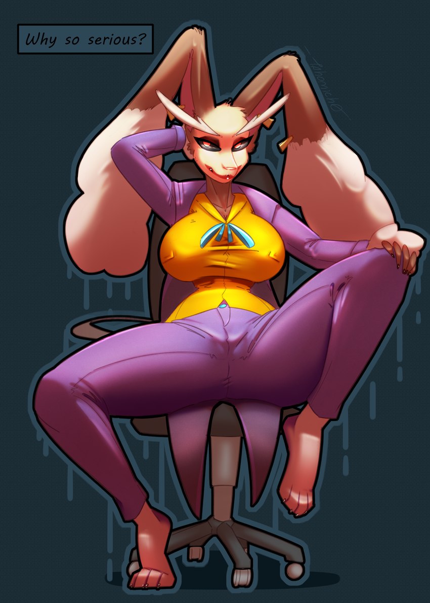 anthro big_breasts big_ears bottomwear breasts brown_body brown_fur chair clothed clothing cosplay ear_piercing female fully_clothed fur furniture hand_behind_head lipstick long_ears looking_at_viewer makeup nipple_outline nipple_piercing nipples on_chair pants piercing purple_clothing red_lipstick shirt sitting sitting_on_chair small_waist solo spread_legs spreading suit topwear white_face_paint tahomich0 batman_(series) dc_comics game_freak joker_caught_a_pokemon nintendo pokemon the_joker generation_4_pokemon lagomorph lopunny mammal pokemon_(species) absurd_res colored digital_drawing_(artwork) digital_media_(artwork) hi_res