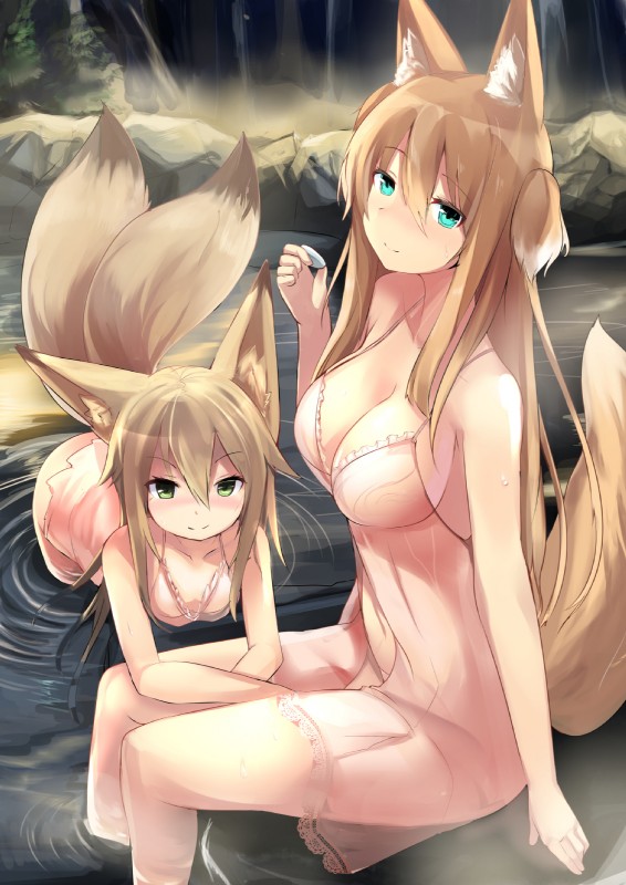 2_tails babydoll blonde_hair blue_eyes blush breasts cleavage clothed clothing duo female fox_tail green_eyes hair long_hair looking_at_viewer multi_tail nightgown partially_submerged rock sitting smile tail konozawa kokonoe_hisagi kokonoe_tsubaki animal_humanoid canid canid_humanoid canine canine_humanoid fox fox_humanoid humanoid mammal mammal_humanoid hi_res