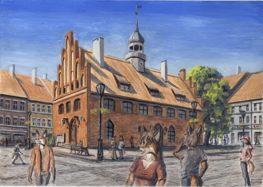 anthro architecture building city city_background clock female flower gothic_architecture group looking_at_object male orneta_(city) plant poland sitting standing street_lamp town town_hall tree walking syntech canid canine fox mammal red_fox true_fox 2024 gouache_(artwork) hi_res painting_(artwork) traditional_media_(artwork) traditional_painting_(artwork)