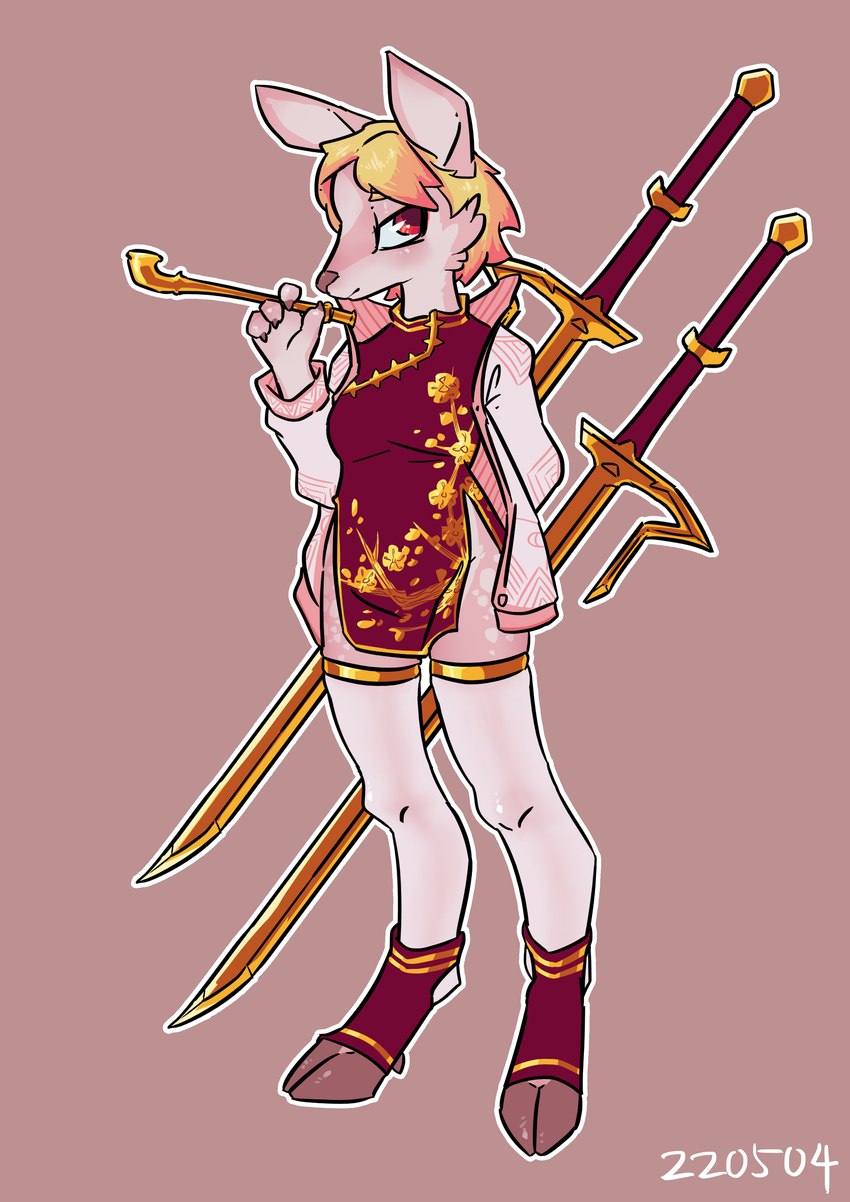 ankle_socks anthro blonde_hair clothing coat female footwear fur hair hooves pink_body pink_fur pipe saber simple_background socks solo stirrup_socks toeless_legwear toeless_stockings topwear weapon crowskull deer mammal absurd_res hi_res