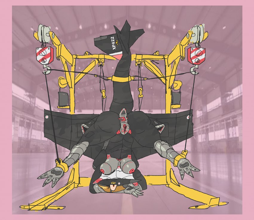 aircraft airplane anthro bdsm bondage border bound breasts crane_(machine) cybernetics disassembled female genitals hanging_upside_down jet machine pink_border pussy restraints solo upside_down vehicle woodhouse3d cyborg living_aircraft living_machine living_vehicle hi_res