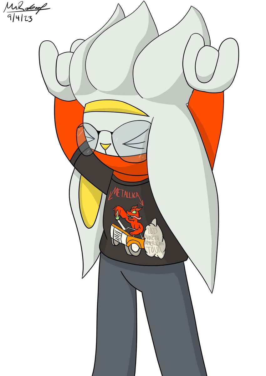 anthro band_shirt black_clothing black_shirt black_topwear clothing devil_horns_(gesture) double_devil_horns_(gesture) eyewear gesture glasses grey_body hand_gesture male merchandise red_arms rocking_out shirt simple_background solo topwear mrraboot metallica nintendo pokemon mr._raboot_the_raboot_(mrraboot) generation_8_pokemon lagomorph mammal pokemon_(species) raboot 2023 absurd_res dated hi_res shaded signature simple_shading