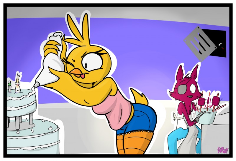 anthro anthrofied baking bodily_fluids border bottomwear clothing cooking duo feathers female fur inside male pants red_body red_fur shirt shorts slightly_chubby sweat tank_top topwear white_border yellow_body yellow_feathers fourball five_nights_at_freddy's roommates:motha scottgames chica_(fnaf) chichi_(roommates) foxy_(fnaf) rackham_(roommates) avian bird canid canine chicken fox galliform gallus_(genus) mammal phasianid red_fox true_fox roommates_(disambiguation) 2019 digital_media_(artwork) hi_res