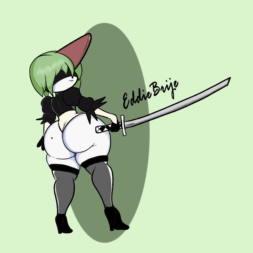 butt clothed clothing female hair not_furry simple_background solo wide_hips eddiebrije nier_automata nintendo platinumgames pokemon yorha_2b generation_3_pokemon humanoid pokemon_(species) ralts 1:1 absurd_res hi_res