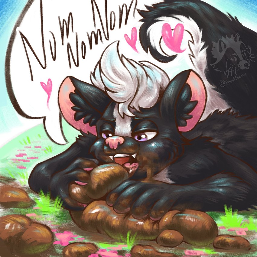 anthro black_body black_fur brown_feces dialogue eating eating_feces exhibitionism feces feces_in_mouth feces_in_own_mouth feces_on_body feces_on_face feces_on_ground feces_on_hand field flower fur grass hair happy heart_symbol holding_feces licking_feces lying male on_front open_mouth outside pink_body pink_skin plant purple_eyes scatplay short_hair smearing_feces solo touching_feces white_hair pileofbrookie curtain_(character) mammal mephitid skunk 1:1 hi_res shaded