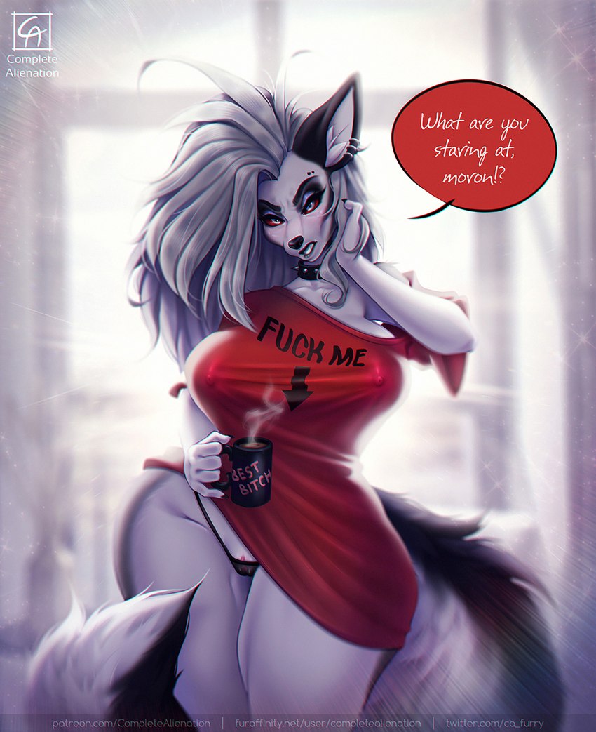 angry anthro beverage big_breasts breasts bulging_breasts clothed clothing coffee coffee_mug collar curvy_figure ear_piercing eyebrow_piercing facial_piercing female fluffy fluffy_tail fur genitals hair long_hair looking_at_viewer nipples panties piercing pose pussy red_sclera shirt solo suggestive suggestive_shirt suggestive_topwear tail text text_on_clothing text_on_shirt text_on_topwear thick_thighs thong topwear translucent translucent_clothing translucent_thong translucent_underwear underwear voluptuous white_body white_fur wide_hips completealienation helluva_boss mythology loona_(helluva_boss) canid canid_demon canine demon hellhound mammal mythological_canine mythological_creature digital_media_(artwork) english_text hi_res pinup url