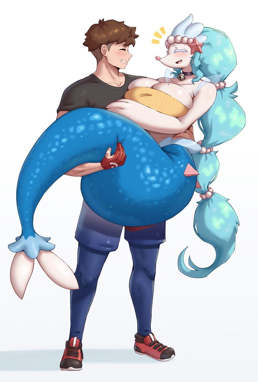 bell bell_collar big_breasts blush breasts bridal_carry busty_feral carrying_another clothed clothing collar duo eyebrows eyes_closed female feral fingers footwear hair happy male male/female open_mouth shoes simple_background smile text white_background gammainks nintendo pokemon generation_7_pokemon human mammal pokemon_(species) primarina 2024 absurd_res artist_name digital_media_(artwork) hi_res