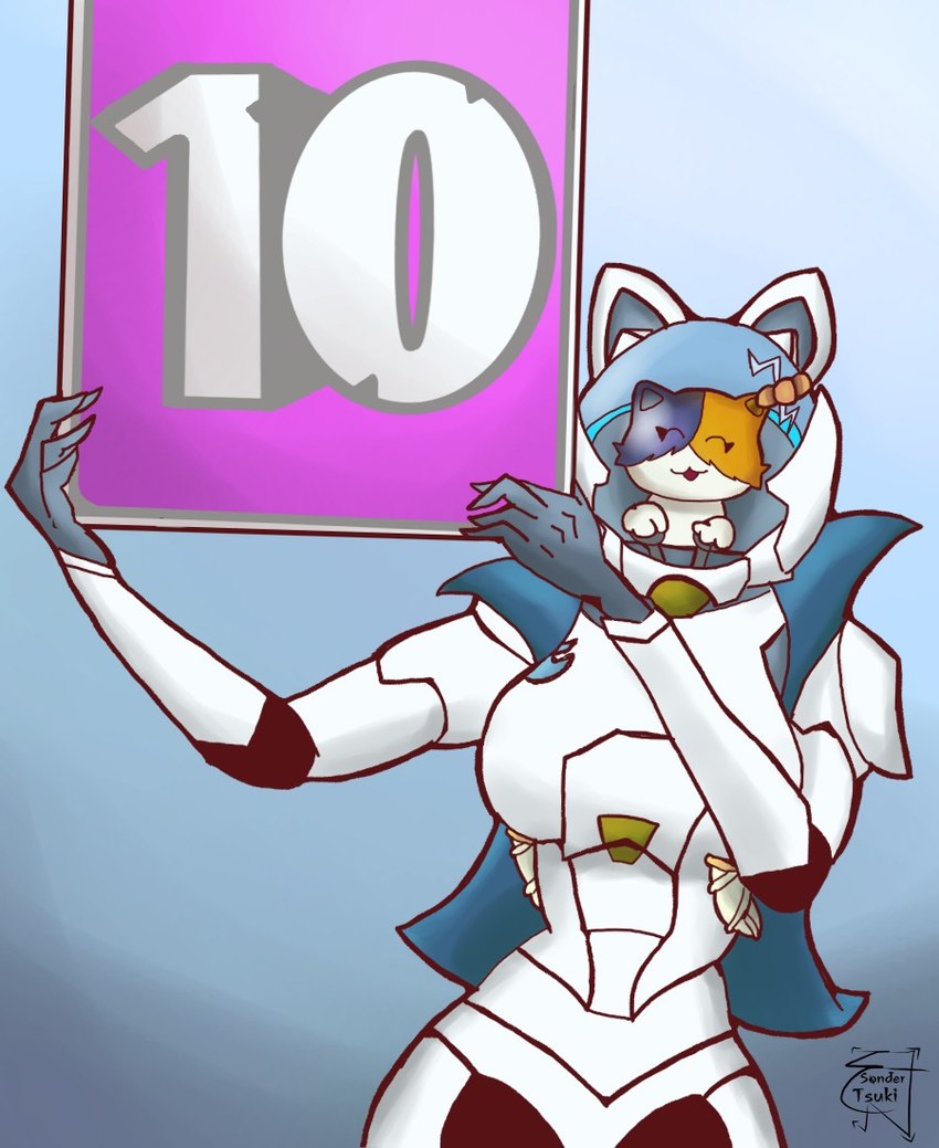 animal_ears anthro armor band-aid bandage black_body black_fur blue_background blue_clothing blue_topwear blue_vest clothed clothing cracked_glass eyes_closed female fur gradient_background holding_object holding_sign logo machine mecha multicolored_body multicolored_fur number open_clothing open_mouth open_smile open_topwear open_vest orange_body orange_fur score_sign sign simple_background smile solo spacesuit topwear vest white_armor white_body white_fur sondertsuki epic_games fortnite katt_(fortnite) animal_humanoid calico_cat cat_humanoid domestic_cat felid felid_humanoid feline feline_humanoid felis humanoid mammal mammal_humanoid robot robot_humanoid 2024 artist_logo artist_name half-length_portrait portrait shaded