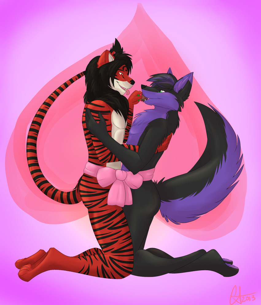 anthro arm_around_back black_body black_fur black_mane bow_tie duo feeding_each_other food fruit fur green_eyes heart_symbol kneeling male male/male mane multicolored_body multicolored_fur orange_body orange_fur pink_background pink_bow plant purple_background purple_body purple_fur red_body red_eyes red_fur romantic romantic_couple simple_background strawberry stripes white_body white_fur treasurebox fiyahligerrawr sotheraverfox canid canine felid fox hybrid liger lion mammal pantherine 2013 hi_res signature