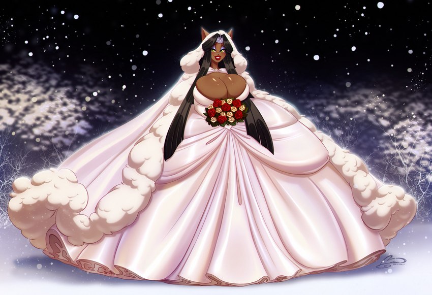 anthro big_breasts black_hair bouquet breasts brown_body brown_fur cape cleavage clothed clothing crown dress female flower fur fur_cape fur_cloak fur_clothing hair headgear holding_flower holding_object hood huge_breasts lipstick long_hair looking_at_viewer makeup mascara plant snow solo standing wedding_dress ooo-belise-ooo canid canine canis mammal wolf watermark