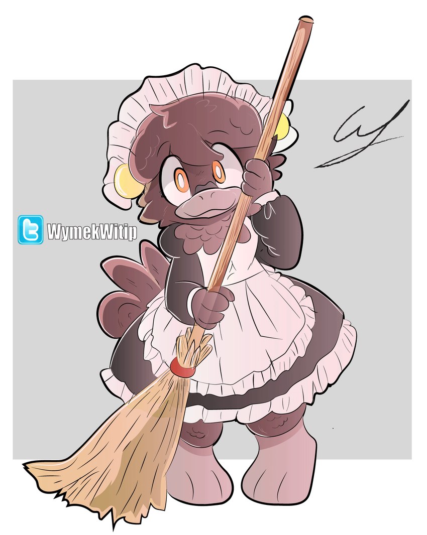 broom cleaning_tool closed_smile clothed clothing eyebrows female fingers hair holding_broom holding_cleaning_tool holding_object looking_at_viewer maid_uniform mouth_closed orange_eyes pupils smile solo standing text twitter_logo uniform white_pupils white_sclera white_text wymek twitter anatid anseriform avian bird duck 2023 artist_name digital_media_(artwork) english_text hi_res