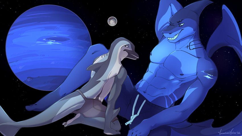 anthro astrological_symbol astronomical_symbol blue_body clothed clothing cosmic_background duo grey_body grin looking_at_another male neptune_(planet) neptune_symbol planet_symbol smile starry_background swimming_trunks swimwear symbol topless vanadiumvalor solar_house neptune_(solar_house) triton_(solar_house) cetacean dolphin fish great_white_shark mackerel_shark mammal marine oceanic_dolphin shark striped_dolphin toothed_whale white_shark 16:9 2022 4k absurd_res hi_res widescreen