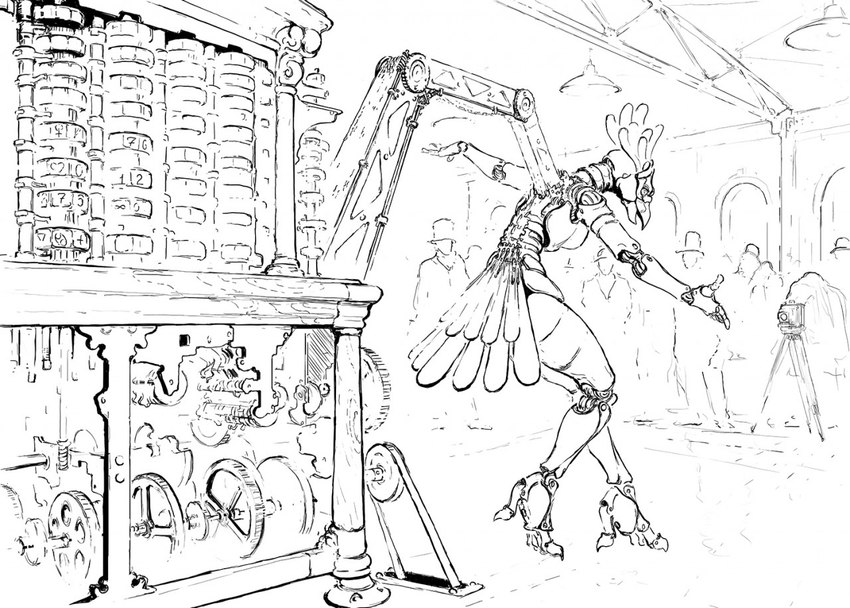 analytical_engine anthro audience beak belt breasts camera dancing feathers female gear group inside lamp machine mechanical_arm mechanical_body mechanical_limbs metallic_body performing photo pulley tail tail_feathers hotchkisstank automaton avian 2021 monochrome