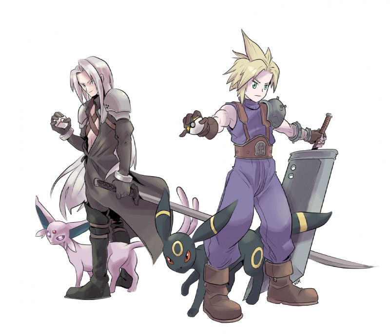 armor blonde_hair buster_sword feral hair holding_object holding_pokeball long_hair male melee_weapon pokeball premier_ball sword ultra_ball weapon white_hair renx final_fantasy final_fantasy_vii nintendo pokemon square_enix cloud_strife sephiroth_(final_fantasy_vii) eeveelution espeon generation_2_pokemon human mammal pokemon_(species) umbreon crossover