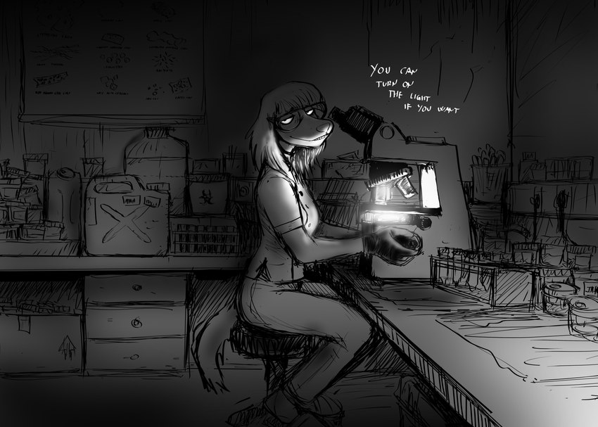 anthro bangs chemicals clothing dark_room dialogue eyewear female furniture gloves goggles grin handwear laboratory_equipment microscope scientific_instrument smile solo stool hladilnik valerie_(hladilnik) canid canine canis domestic_dog mammal 2023 black_and_white comic hi_res monochrome