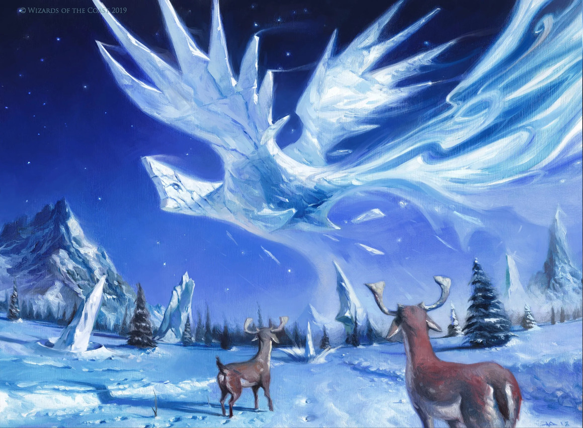 antlers detailed_background feral flying group horn ice looking_up mountain night outside plant snow star tail tree wings victor_adame_minguez hasbro magic:_the_gathering wizards_of_the_coast avian deer elemental_creature ice_creature mammal mineral_fauna 2018 hi_res official_art traditional_media_(artwork)