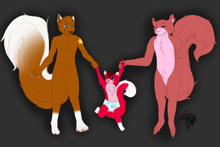 anthro blue_eyes brown_body brown_fur clean_diaper clothed clothing countershade_face countershade_torso countershading diaper diaper_only dipstick_tail eyes_closed family fur group hand_holding head_tuft holding_paws husband_and_wife leg_markings looking_at_another male markings married_couple multicolored_tail pink_body pink_fur red_body red_fur socks_(marking) striped_markings striped_tail stripes tail tail_markings toddler topless tuft wearing_diaper white_tail_tip young young_anthro unknown_artist chipfox kate_hanami kyle_houdini michael_hanami canid canine chipmunk eurasian_red_squirrel fox ground_squirrel hybrid mammal rodent sciurid tree_squirrel 3:2 hi_res watermark