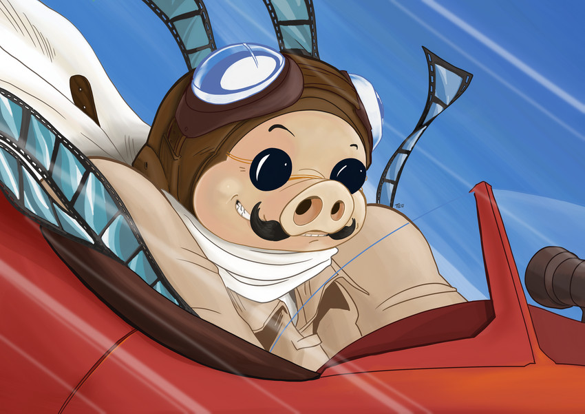 aircraft airplane anthro aviator_cap aviator_goggles clothing eyewear eyewear_on_head facial_hair film_reel goggles goggles_on_head jacket male mustache pilot pink_body scarf smile snout solo sunglasses topwear vehicle av3r ghibli porco_rosso porco_rosso_(character) domestic_pig mammal suid suine sus_(pig) 2018