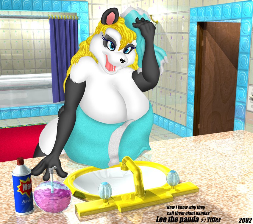 anthro bathroom bathroom_tiles bathtub big_breasts blonde_hair blue_eyes breasts detailed_background drying drying_hair eyelashes female hair looking_up mostly_nude open_mouth shower_curtain sink soap solo tap text towel badgerben lee_(badgerben) bear giant_panda mammal english_text