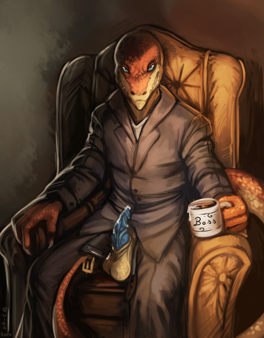 anthro balls beverage bodily_fluids clothed clothing coffee cum genital_fluids genitals grin male penis serpentine smile solo quirachen crius reptile scalie snake absurd_res hi_res