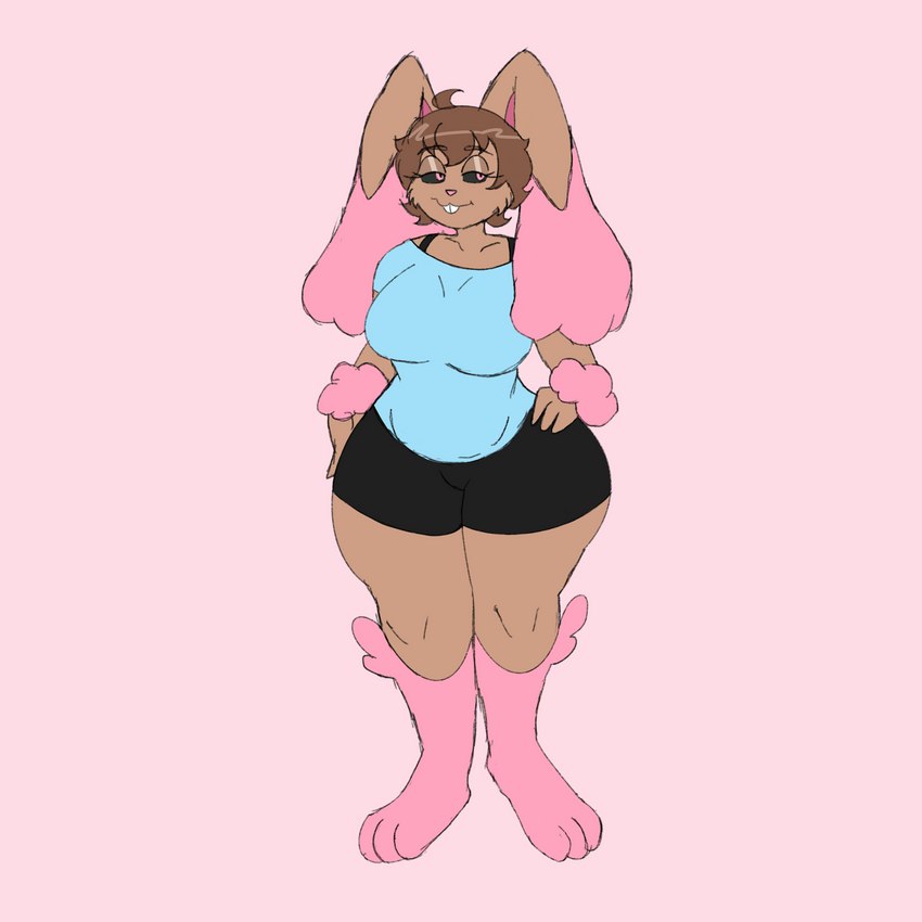 anthro big_breasts big_feet breasts brown_body brown_fur brown_hair feet female floppy_ears fur hair hand_on_hip pink_eyes solo thick_thighs toony dirkstridoritos nintendo pokemon bonnie_(dirkstridoritos) generation_4_pokemon lagomorph leporid lopunny mammal pokemon_(species) shiny_pokemon 1:1 hi_res