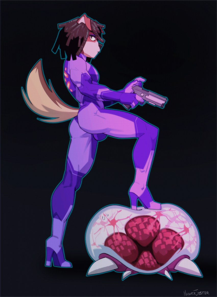 ambiguous_gender anthro black_background brown_body brown_fur brown_hair bulge clothing cosplay dreadlocks duo feral footwear fur gun hair half-closed_eyes handgun high_heels male narrowed_eyes pistol ranged_weapon shoes simple_background skinsuit solo tan_body tan_fur tight_clothing weapon zero_suit naughtyjester metroid nintendo alien canid canine canis domestic_dog mammal metroid_(species) hi_res