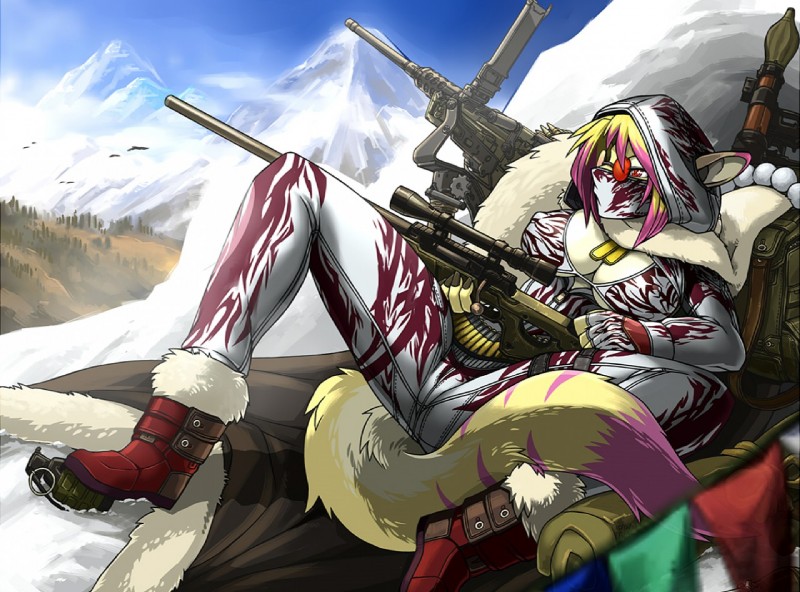 anthro big_breasts bra breasts clothing detailed_background dipstick_tail explosives female forest grenade markings outside plant ranged_weapon rocket_launcher rpg-7 sniper snow solo tail tail_markings tree underwear weapon link2004 amy_pratt domestic_cat felid feline felis mammal