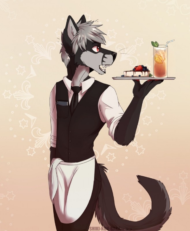 anthro beverage black_body black_fur black_nose black_tail clothed clothing countershade_face countershade_tail countershading dessert drinking_straw eyebrows food fully_clothed fur glass grey_body grey_fur grey_hair grey_tail hair holding_object looking_away male multicolored_body multicolored_fur necktie pastry pie red_eyes short_hair solo standing tail two_tone_body two_tone_fur two_tone_tail waiter shiki-kun-baka donritzu orokeu_kitsugami canid canine canis mammal wolf hi_res