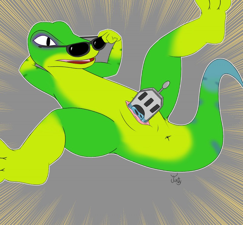 andromorph anthro anus belly crossgender eyewear genitals intersex laid_back nude open_mouth penetration pussy simple_background solo spread_legs spreading sunglasses tail tail_anus tailbutt vaginal wide_crotch justyschultzy gex_(series) gex_the_gecko gecko lizard reptile scalie absurd_res hi_res signature