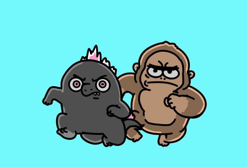 3_toes 4_fingers angry black_body brown_body chibi cyan_background duo eyebrows feet fingers male pink_body pink_eyes pink_scales running scales simple_background tail teeth toes unibrow affea godzilla_(series) godzilla_vs._kong monsterverse nickelodeon spongebob_squarepants toho godzilla king_kong ape gorilla haplorhine kaiju mammal primate hi_res