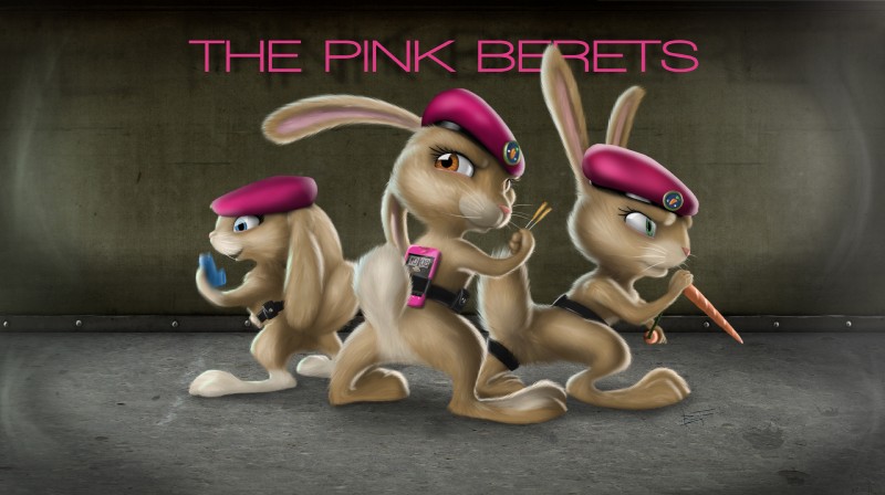 beret clothing female group hat headgear headwear pose standing team_pose text weapon blakefox hop_(movie) illumination_entertainment bit_(hop) fluffy_(hop) patch_(hop) pink_berets lagomorph leporid mammal rabbit english_text hi_res