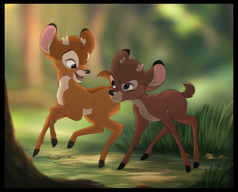 black_lips blurred_background brown_body brown_eyes brown_fur day detailed_background duo feral fur grass hooves lips male open_mouth outside plant short_antlers smile teeth tongue young young_feral kitchiki bambi_(film) disney bambi ronno deer mammal mule_deer new_world_deer 2018 digital_drawing_(artwork) digital_media_(artwork)