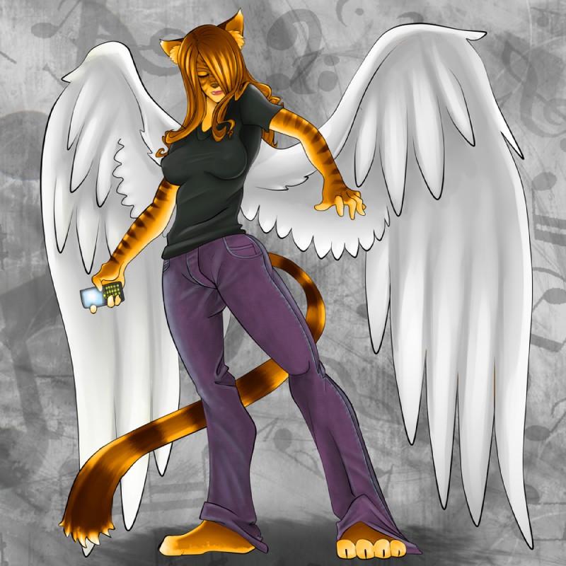 bar_phone breasts cellphone claws clothed clothing electronics feathered_wings feathers female hair long_hair nipple_outline phone solo stripes tail wings nitzleplick azazial felid mammal pantherine tiger 1:1