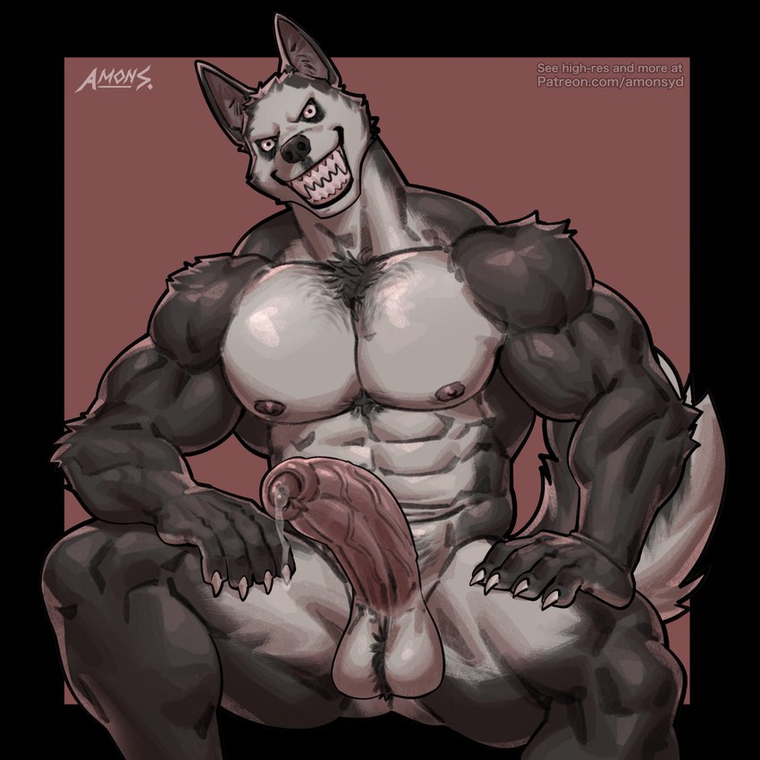 abs anthro balls biceps bodily_fluids claws foreskin genital_fluids genitals grey_body grin hand_on_leg hand_on_thigh humanoid_genitalia humanoid_penis male muscular muscular_anthro muscular_male nipples pecs penis precum precum_string sharp_teeth simple_background smile solo spread_legs spreading teeth thirsty vein veiny_penis amon-sydonai creepypasta patreon miles_(amon-sydonai) smile.dog canid canine canis demon domestic_dog husky mammal nordic_sled_dog spitz 1:1 2024 hi_res