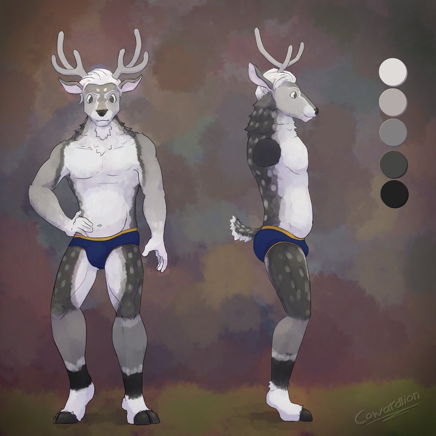 antlers black_hooves blue_clothing blue_underwear briefs clothed clothing color_swatch fur grey_body grey_fur hair hooves horn male markings short_hair solo spots spotted_body spotted_fur standing underwear white_hair cowardlion deer mammal 1:1 model_sheet