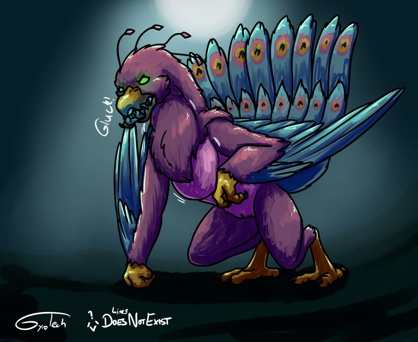 anthro anthro_pred anthro_prey avian_feet beak biped blue_body clothing feathered_crest feathered_wings feathers green_eyes head_crest larger_pred male male_pred male_prey neck_bulge oral_vore pink_body tail tail_feathers vore winged_arms wings doesnotexist gyrotech gale_leaftalon gyro_feather avian bird galliform owl peafowl phasianid wereavian werebird werecreature hi_res