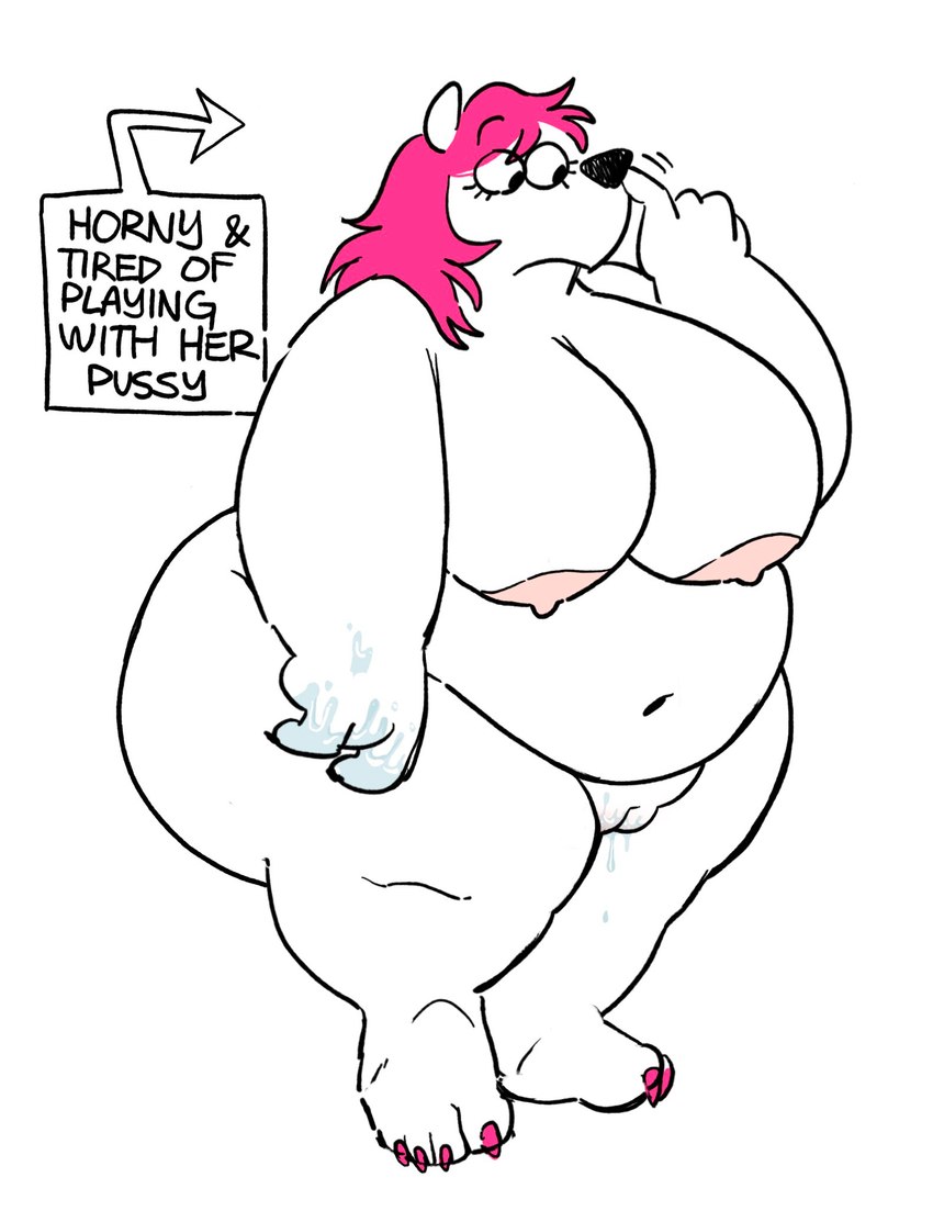 anthro arrow_sign big_breasts big_butt bodily_fluids breasts butt colored_nails female genitals hair looking_away nails nipples nude overweight overweight_female picking_nose pink_hair pink_nail_polish pink_nails plump_labia pussy solo text snackdumpster twistcmyk noelle_(twistcmyk) bear mammal english_text hi_res